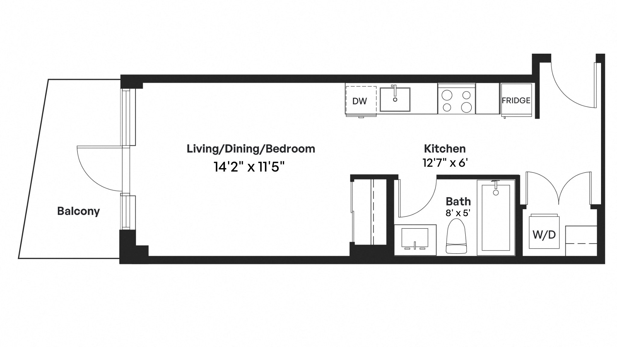 Floor plan for studio, 1 bath, 395 sqft